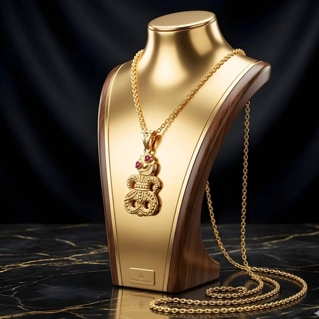 18K Gold Filled Māori Hei-Tiki Pendant Necklace – Ruby Red Gemstone Eye Tiki Necklace